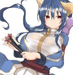  bangs blue_hair blush breasts brown_eyes closed_mouth commentary_request dutch_angle eyebrows_visible_through_hair golgi_hon hair_between_eyes holding horns ibarahime_shizuka large_breasts long_hair long_sleeves looking_at_viewer shinrabanshou sidelocks simple_background smile solo upper_body white_background 