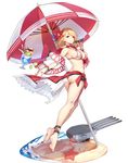  ass azur_lane bad_id bad_pixiv_id barefoot beach_umbrella bikini blonde_hair blue_hawaii bracelet breasts covered_nipples earrings enka_(bcat) eyewear_removed flower food fruit hair_flower hair_ornament highres holding holding_eyewear ice_cream ice_cream_float jewelry large_breasts long_hair looking_at_viewer looking_back official_art prince_of_wales_(azur_lane) red_eyes sarong solo sunglasses swimsuit tachi-e tropical_drink umbrella watermelon 