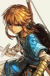  bangs blonde_hair blue_eyes bow_(weapon) closed_mouth earrings grey_background hankuri holding holding_sword holding_weapon jewelry link looking_at_viewer male_focus pointy_ears serious sidelocks simple_background solo strap sword the_legend_of_zelda the_legend_of_zelda:_breath_of_the_wild weapon 