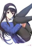  absurdres bangs black_legwear blue_shirt blue_skirt breast_press breasts brown_hair closed_mouth eyebrows_visible_through_hair hair_between_eyes hairband highres invisible_chair kasumigaoka_utaha knees_on_chest leg_hug legs_up lips long_hair long_sleeves looking_at_viewer medium_breasts mibu_natsuki page_number panties panties_under_pantyhose pantyhose pink_eyes saenai_heroine_no_sodatekata scan school_uniform shirt sidelocks simple_background sitting skirt smile solo tareme underwear upskirt very_long_hair white_background white_hairband white_panties 