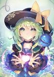  black_hat bow choker closed_mouth deecha green_background green_eyes green_hair hat hat_bow heart heart-shaped_pupils highres komeiji_koishi leaf looking_at_viewer medium_hair smile solo symbol-shaped_pupils third_eye touhou upper_body yellow_bow 