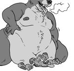  2017 4_fingers ambiguous_gender anthro anthro_on_anthro bear belly belly_tuft big_belly biped canine cheek_tuft chest_tuft crush deep_navel digital_drawing_(artwork) digital_media_(artwork) dog drooling duo faceless_male flying_sweatdrops fur greyscale hand_on_stomach head_tuft hi_res humanoid_hands kneeling male male/ambiguous mammal monochrome morbidly_obese motion_lines navel nude obese open_mouth overweight panting saliva sharp_teeth simple_background sitting size_difference slimeymonsterguts slobber spots spotted_fur squish sweat sweatdrop teeth tongue tongue_out toony tuft white_background 