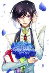  2016 aphjapanlove0211 black_hair blue_flower bouquet box code_geass dated flower gift gift_box hair_between_eyes hand_in_hair happy_birthday highres holding holding_bouquet holding_box lelouch_lamperouge male_focus parted_lips petals purple_eyes simple_background smile solo uniform upper_body white_background 