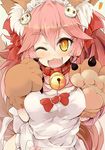  ;d animal_ears bell bell_collar blush breasts cat_hair_ornament cleavage collar eyebrows eyebrows_visible_through_hair fang fate/extra fate/grand_order fate_(series) fox_ears fox_tail hair_ornament large_breasts long_hair looking_at_viewer one_eye_closed open_mouth paws pink_hair rakkogawa_rinro smile solo tail tamamo_(fate)_(all) tamamo_cat_(fate) yellow_eyes 