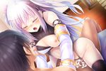  1girl arm_warmers black_hair black_legwear black_leotard breasts closed_eyes clothed_female_nude_male cum cum_in_pussy cyanomirahi cyrtanthus_(flower_knight_girl) female_orgasm flower_knight_girl game_cg girl_on_top hetero leotard long_hair looking_at_another medium_breasts nipples nude official_art one_breast_out open_mouth orgasm saliva sex silver_hair straddling thighhighs two_side_up vaginal 
