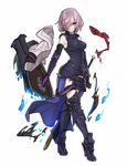  armor armpits black_armor boobplate boots breastplate closed_mouth commentary_request eyebrows_visible_through_hair fate/grand_order fate_(series) full_body hair_over_one_eye high_heel_boots high_heels highres holding_shield looking_at_viewer magic mash_kyrielight pink_eyes pink_hair sheath sheathed shield short_hair solo standing sword teshima_nari vambraces walking weapon 