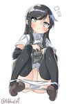  1girl arm_warmers asashio_(kantai_collection) bangs black_hair black_legwear black_skirt blue_eyes blush brown_footwear collared_shirt ebifurya eyebrows_visible_through_hair full_body highres kantai_collection lifted_by_self long_hair looking_at_viewer notice_lines panties panty_pull parted_lips pleated_skirt shirt shoes short_sleeves sidelocks simple_background skirt skirt_lift solo squatting suspender_skirt suspenders thighhighs twitter_username underwear white_background white_panties white_shirt 