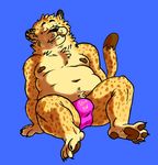  2017 4_fingers 4_toes anthro arm_support belly big_belly big_thighs biped black_nose blue_background brown_fur brown_nipples brown_pawpads brown_tail bulge cheek_tuft cheetah chest_tuft clothed clothing crotch_tuft deep_navel digital_drawing_(artwork) digital_media_(artwork) dipstick_tail english_text eyes_closed fangs feline front_view full-length_portrait fur head_tuft hi_res leaning leaning_back male mammal moobs multicolored_fur multicolored_tail navel neck_tuft nipples overweight overweight_male pawpads pink_bottomwear pink_clothing plantigrade portrait reclining simple_background sitting slimeymonsterguts smile solo spots spotted_fur spotted_tail spread_legs spreading stubble text toes topless tuft two_tone_fur two_tone_tail underwear yellow_fur yellow_tail 