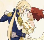  2girls alternate_costume bare_shoulders blonde_hair blu blue_clothes blue_suit choker closed_mouth couple dancing dress earrings elbow_gloves epaulettes eye_contact face-to-face female formal gloves hair_ornament hair_ribbon hand_holding izetta jewelry long_hair long_sleeves looking_at_another low_ponytail matching_hair/eyes multiple_girls mutual_yuri neck off-shoulder_dress ortfine_fredericka_von_eylstadt ponytail purple_eyes red_eyes red_hair reverse_trap ribbon shadow short_hair shuumatsu_no_izetta smile suit tomboy upper_body white_gloves yellow_choker yellow_dress yuri 