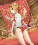  &gt;:) aestus_estus ahoge ass bangs blonde_hair blurry blush braid buruma c: closed_mouth commentary_request depth_of_field eyebrows_visible_through_hair fate/grand_order fate_(series) flat_ass french_braid green_eyes gym_shirt gym_uniform hair_bun hairband highres holding holding_sword holding_weapon indoors kneepits legs_apart looking_at_viewer looking_back nero_claudius_(fate) nero_claudius_(fate)_(all) olympian_bloomers profile reinama shirt short_hair sidelocks smile solo standing sword t-shirt thighs tsurime v-shaped_eyebrows weapon white_shirt 