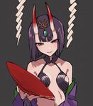  bad_id bad_pixiv_id bangs bare_shoulders blunt_bangs breasts collarbone commentary_request cup detached_sleeves diadem eyebrows_visible_through_hair fate/grand_order fate_(series) gem gloves grey_background highres holding holding_plate horns looking_at_viewer oni oni_horns parted_lips plate revealing_clothes sakazuki short_eyebrows short_hair shuten_douji_(fate/grand_order) simple_background small_breasts smile solo teshima_nari upper_body 