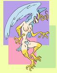  2017 4_fingers 5_toes absurd_res anorexia antennae avian biped black_claws blue_feathers blue_hair blue_sclera breasts claws crotch_tuft demon devilman_(series) digital_drawing_(artwork) digital_media_(artwork) evil_grin eye_markings feather_tuft feathered_wings feathers female front_view full-length_portrait green_background hair harpy head_wings hi_res humanoid light_skin markings medium_breasts monster_girl_(genre) naturally_censored nipples nude open_mouth open_smile pattern_background pink_background portrait purple_background sharp_teeth short_hair side_view simple_background sirene_(devilman) slimeymonsterguts slit_pupils small_waist smile solo tail_feathers talons tan_skin teeth toe_claws toes toony tuft winged_humanoid wings yellow_claws yellow_skin 