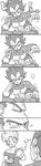  1girl 2boys armor baby black_eyes blush closed_eyes cup dragon_ball dragon_ball_z dress earrings father_and_son gloves grandmother_and_grandson greyscale happy hat highres jewelry looking_at_another looking_away monochrome mrs._briefs multiple_boys open_mouth petting ribbon saucer short_hair simple_background sleeping speech_bubble sweatdrop teacup teapot tkgsize trunks_(dragon_ball) vegeta white_background zzz 