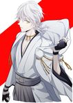  bad_id bad_pixiv_id black_gloves gloves hood japanese_clothes male_focus minami_(mnm_menma) partly_fingerless_gloves pom_pom_(clothes) touken_ranbu tsurumaru_kuninaga white_hair yellow_eyes 