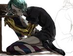  closed_mouth crying flower gem_uniform_(houseki_no_kuni) green_eyes green_hair high_heels holding holding_flower houseki_no_kuni looking_at_viewer phosphophyllite sad short_hair short_sleeves sitting spoilers touhu_tige uniform white_background 