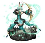  animal_ears aqua_eyes aqua_hair aqua_legwear arrow black_dress bow_(weapon) breasts bunny_ears cleavage detached_sleeves drawing_bow dress full_body hair_between_eyes holding holding_arrow holding_bow_(weapon) holding_weapon layered_dress leg_up looking_at_viewer medium_breasts official_art outstretched_arm short_dress short_hair_with_long_locks sidelocks simple_background sinon sinon_(sao-alo) sleeveless sleeveless_dress smile solo sword_art_online sword_art_online:_code_register thighhighs transparent weapon white_background zettai_ryouiki 