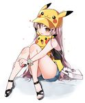  :3 :d :p bag bangs bare_arms bare_legs bare_shoulders blue_shorts blunt_bangs blush body_blush brown_eyes buckle charm_(object) chyoling closed_mouth full_body gen_1_pokemon hat head_tilt holding holding_poke_ball knees_together_feet_apart knees_up legs long_hair looking_at_viewer mizuki_(pokemon) open_mouth original pikachu pink_hair poke_ball pokemon pokemon_(creature) pokemon_(game) pokemon_sm sandals shorts shoulder_bag simple_background sitting sleeveless smile solo tank_top tareme tongue tongue_out twitter_username very_long_hair white_background yellow_hat z-ring 