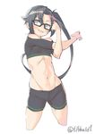  amagiri_(kantai_collection) bare_shoulders bike_shorts black-framed_eyewear black_eyes black_hair blush commentary cowboy_shot cropped_legs ebifurya eyebrows_visible_through_hair glasses groin highres kantai_collection long_hair navel open_mouth ponytail simple_background solo stomach stretch toned twitter_username white_background 