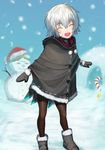  ^_^ ^o^ black_legwear boots candy candy_cane closed_eyes coat day eyebrows_visible_through_hair fate/apocrypha fate/grand_order fate_(series) food full_body hair_between_eyes izumo_(ton_63) jack_the_ripper_(fate/apocrypha) open_mouth outdoors pantyhose quinzhee scar shiny shiny_clothes short_hair silver_hair smile snow_shelter snowing snowman solo standing star white_hair 