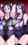  armpits arms_behind_head arms_up ass blush breasts buruma cleavage commentary_request covered_nipples fate/grand_order fate_(series) gym_shorts highres large_breasts long_hair looking_at_viewer minamoto_no_raikou_(fate/grand_order) open_mouth purple_eyes purple_hair shorts smile solo sportswear sweat very_long_hair volleyball_uniform zasshu_nigou 