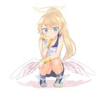  angel angel_wings blonde_hair blue_eyes bracelet braid french_braid full_body halo jewelry kyuuri_(miyako) liliana_hart long_hair looking_at_viewer low_wings one_eye_closed pointy_ears ponytail pop-up_story shoes shorts smile sneakers solo squatting white_background winged_shoes wings 