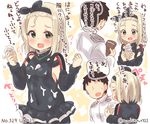  1girl :d admiral_(kantai_collection) black_hair black_hairband blonde_hair blush commentary_request detached_sleeves food green_eyes hairband heart highres holding holding_food ice_cream kantai_collection long_sleeves luigi_torelli_(kantai_collection) military military_uniform naval_uniform open_mouth short_hair smile soft_serve speech_bubble suggestive_fluid suzuki_toto translated uit-25_(kantai_collection) uniform 