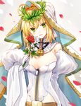  bangs belt blonde_hair blush breasts commentary_request detached_sleeves eyebrows_visible_through_hair fate/extra fate/extra_ccc fate/grand_order fate_(series) flower green_eyes hair_between_eyes hair_intakes highres holding holding_flower large_breasts laurel_crown leotard looking_at_viewer nero_claudius_(bride)_(fate) nero_claudius_(fate)_(all) open_mouth parted_lips petals red_flower red_rose rose rose_petals sidelocks smile solo tsurime upper_body veil white_leotard white_sleeves yuya_(night_lily) zipper 