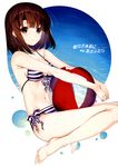  :o absurdres ball bangs bare_legs bare_shoulders barefoot beachball bikini breasts brown_eyes brown_hair collarbone eyebrows_visible_through_hair front-tie_top highres holding katou_megumi medium_breasts nakamura_takeshi navel non-web_source parted_lips saenai_heroine_no_sodatekata scan see-through short_hair simple_background strap_gap striped striped_bikini swimsuit white_background 