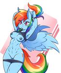  2017 ambris anthro anthrofied areola blue_feathers bra breasts clothing cutie_mark equine eyelashes feathered_wings feathers female friendship_is_magic hair hi_res mammal mouth_hold multicolored_hair multicolored_tail muscular muscular_female my_little_pony navel nipples pegasus pink_eyes pussy rainbow_dash_(mlp) rainbow_hair rainbow_tail shorts solo sports_bra sweat sweatband underwear wings 