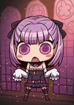 april_fools bare_shoulders black_legwear blush_stickers chibi detached_sleeves fate/grand_order fate_(series) helena_blavatsky_(fate/grand_order) looking_at_viewer no_nose official_art open_mouth purple_eyes purple_hair riyo_(lyomsnpmp) short_hair sleeves_past_wrists solo thighhighs white_sleeves window 