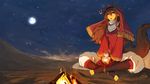  :o animal_ears bangs barefoot brown_hair campfire commentary_request cup desert dress earrings fantasy fire full_moon hair_between_eyes holding holding_cup jewelry lansane long_hair long_sleeves looking_up moon night night_sky original pants parted_lips puffy_pants red_dress red_eyes signature sky solo star_(sky) starry_sky tail toeless_legwear tsana_(lansane) turban white_pants 
