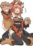  :o @_@ absurdres animal_ears armpit_peek bad_id bad_pixiv_id bangs bare_shoulders bell bell_collar black_legwear blush_stickers breasts claws collar commentary_request detached_sleeves eyebrows_visible_through_hair fangs fate/grand_order fate_(series) feet_out_of_frame fox_ears fox_tail highres japanese_clothes kneeling long_hair long_sleeves medium_breasts obi open_mouth paw_shoes paws pink_hair ponytail sash shoes simple_background solo tail tamamo_(fate)_(all) tamamo_cat_(fate) teshima_nari thighhighs translated v-shaped_eyebrows white_background yellow_eyes 
