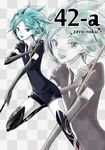  black_gloves black_neckwear elbow_gloves gem_uniform_(houseki_no_kuni) gloves green_eyes green_hair happy highres holding houseki_no_kuni looking_at_viewer necktie open_mouth personification phosphophyllite short_hair short_sleeves solo standing standing_on_one_leg sword uniform weapon zoom_layer zun_(m_o_v_o_m) 