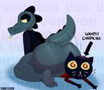  2017 5_toes alligator alternate_form anthro bea_(nitw) big_butt bottomless butt cat cigarette clothed clothing crocodilian digital_media_(artwork) domination duo english_text feet feline female female/female female_domination huge_butt looking_back mae_(nitw) mammal motion_lines night_in_the_woods reptile scalie short_stack simple_background sitting smoking somescrub squashing submissive_female text thick_thighs toes 