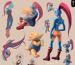  alphys armor blue_skin blush boots bra butt clothing fish footwear hair lizard marine ponytail red_hair reptile sasisage scalie simple_background sketch smile undertale underwear undyne video_games yellow_skin 