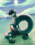  2017 anthro butt clothed clothing feline fur hair kalvince leopard looking_at_viewer male mammal novus pawpads paws seaside smile snow_leopard solo spots striptease swimsuit toes topless 