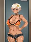  1girl ahoge bare_arms bare_shoulders bikini_top blonde_hair blue_eyes blush breasts choker cleavage cowboy_shot dark_skin door earrings enoshima_iki flower hair_flower hair_ornament hands_on_hips highres indoors kuro_gal_bitch_ga_uchi_ni_kita! large_breasts legs looking_away navel original parted_lips puffy_nipples short_hair short_shorts shorts sleeveless solo standing sweatdrop thighs unbuttoned 