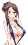  blush breasts brown_hair covered_nipples dorothy_(princess_principal) finger_to_mouth huge_breasts long_hair looking_at_viewer princess_principal purple_eyes slingshot_swimsuit smile solo swimsuit tied_hair white_background yuguran_(specs) 
