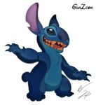  2009 4_fingers 4_toes alien blue_claws blue_eyes blue_fur blue_nose chest_tuft claws digital_drawing_(artwork) digital_media_(artwork) disney experiment_(species) fur gunzcon head_tuft lilo_and_stitch no_sclera notched_ear open_mouth open_smile pose signature simple_background small_tail smile standing stitch toe_claws toes tuft white_background 