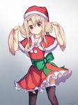  absurdres black_legwear blonde_hair bow bunching_hair capelet dress fate/stay_night fate_(series) gradient gradient_background grey_background hat head_tilt highres holding holding_hair illyasviel_von_einzbern kimyo long_hair neck_ribbon pink_ribbon red_bow red_dress red_eyes red_hat ribbon santa_hat short_dress solo standing thighhighs twintails 