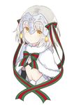  bell black_bikini_top capelet eyebrows_visible_through_hair fate/grand_order fate_(series) hair_bell hair_ornament hair_ribbon highres jeanne_d'arc_(fate)_(all) jeanne_d'arc_alter_santa_lily midriff navel neck_ribbon ribbon rin_(pixiv4106191) short_hair silver_hair simple_background solo stomach striped striped_ribbon upper_body white_background white_capelet yellow_eyes 
