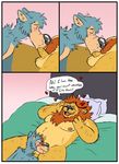  &lt;3 2017 andrew_(slimeymonsterguts) anthro anthro_on_anthro balls bed bedding belly big_belly biped black_claws black_nose blanket blue_fur blue_nose blush border brown_hair canine cheek_tuft claws close-up comic dialogue digital_drawing_(artwork) digital_media_(artwork) duo ears_back embarrassed english_text erection eyes_closed fangs feline fellatio flying_sweatdrops fur grey_fur grey_nose hair hairy hand_on_face head_tuft hi_res horn humanoid_hands inner_ear_fluff interspecies larger_male lying male male/male male_penetrating mammal mane mane_hair manticore moobs motion_lines multicolored_fur neck_tuft nipples nude on_back on_bed on_front open_mouth open_smile oral oral_penetration orange_fur overweight overweight_male penetration penis pillow pink_background pink_nipples pink_tongue pubes red_horn romantic_couple saliva sex simple_background size_difference slimeymonsterguts smaller_male smile snout speech_bubble surprise sweat sweatdrop tan_balls tan_fur teeth terry_(slimeymonsterguts) text tongue tuft two_tone_fur white_border wide_eyed wolf yellow_fur 