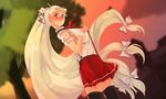  adapted_costume amatou3 ascot black_legwear bow breasts fujiwara_no_mokou hair_bow hair_ribbon large_breasts long_hair looking_at_viewer looking_to_the_side ponytail red_eyes red_skirt ribbon skirt solo suspenders suspenders_pull thighhighs touhou tree tress_ribbon very_long_hair white_hair 