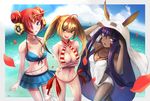  ahoge animal_ears announ_(kurotya) bandaged_arm bandages beach bikini blonde_hair blue_bikini breasts breasts_apart criss-cross_halter crossed_arms crossed_legs crotch dark_skin day double_bun facial_mark fate/apocrypha fate/grand_order fate_(series) frankenstein's_monster_(fate) frankenstein's_monster_(swimsuit_saber)_(fate) green_eyes hair_intakes hair_ornament hair_over_one_eye hair_rings halterneck headgear highres horn jackal_ears large_breasts leg_ribbon long_hair looking_at_viewer low-tied_long_hair medium_breasts multiple_girls navel nero_claudius_(fate)_(all) nero_claudius_(swimsuit_caster)_(fate) nitocris_(fate/grand_order) nitocris_(swimsuit_assassin)_(fate) ocean one-piece_swimsuit purple_eyes purple_hair red_hair ribbon short_hair side-tie_bikini sidelocks smile striped striped_bikini swimsuit twintails very_long_hair 