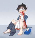  black_hair blue-framed_eyewear blush brown_eyes flying_sweatdrops glasses implied_masturbation implied_yaoi jacket katsuki_yuuri male_focus open_mouth pants_around_one_leg ruei_(chicking) sitting tissue_box track_jacket yuri!!!_on_ice 