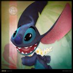  &copy; 2014 alien alternate_form big_ears black_border black_eyes blue_fur blue_nose border chibi disney experiment_(species) fist fur hi_res hibiscus lei lilo_and_stitch notched_ear open_mouth open_smile palm_tree running sillynate simple_background smile stitch textured_background tree url 