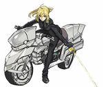  :/ ahoge artoria_pendragon_(all) black_footwear black_gloves black_jacket black_pants black_shirt blonde_hair breasts business_suit closed_mouth commentary_request excalibur fate/zero fate_(series) formal gloves green_eyes ground_vehicle highres holding holding_sword holding_weapon jacket long_hair long_sleeves looking_at_viewer medium_breasts motor_vehicle motorcycle pants ponytail riding saber shirt shoes simple_background sitting solo suit sword teshima_nari tuxedo v-shaped_eyebrows weapon white_background 