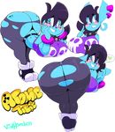  2017 alien big_breasts big_butt black_hair breasts butt clothing collar ear_piercing hair huge_butt looking_at_viewer looking_back not_furry piercing purple_eyes rear_view smile solo spiked_collar spikes thick_thighs tillie_(vimhomeless) torn_clothing vimhomeless wide_hips 