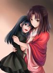 black_dress black_hair blue_eyes brown_hair commentary_request dress hug japanese_clothes kara_no_kyoukai long_hair mother_and_daughter multiple_girls one_eye_closed open_mouth ryougi_mana ryougi_shiki shiki_(chen321aa) short_hair wide_sleeves 