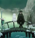  blue_eyes bridge cloak cloud crossover edmond_dantes_(fate/grand_order) fate/grand_order fate_(series) hands_together hat ice male_focus moomin moomintroll mountain paopu postbox_(outgoing_mail) red_eyes river sign sitting smile tail tree 
